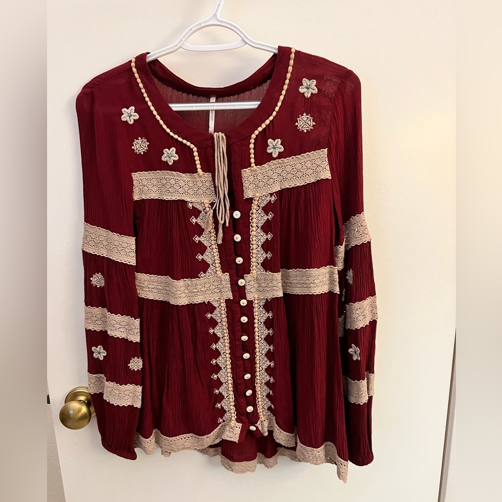 Free People long sleeve embroidered top with tassle Sz XS